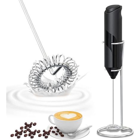 Mousseur à Lait Électrique de Poche, Fouet Mousseur Électrique Portatif Mini Mélangeur à Boisson avec Support en Acier Inoxydable Inclus, pour Café Latte Cappuccino Chocolat Chaud (1/5)