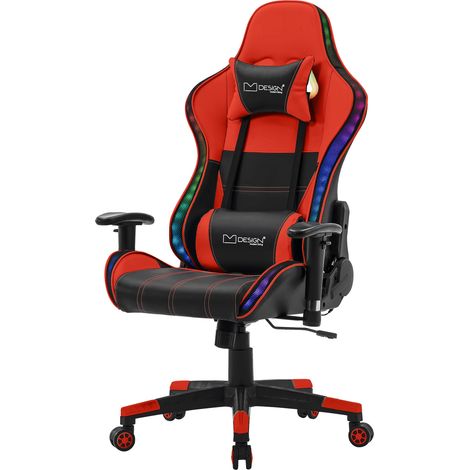 ML-Design Sedia da Gaming Illuminazione LED RGB e Altoparlanti Bluetooth e Cuscino Lombare Ecopelle Rosso Poltrona Ufficio Ergonomica Confortevole Braccioli Poggiatesta Altezza Regolabile Reclinabile