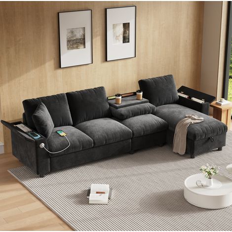 Divano angolare letto in tessuto felpa (chenille), con vano portaoggetti, tavolo ribaltabile, USB e Type-C, grigio, 280x137x84 cm (1/5)