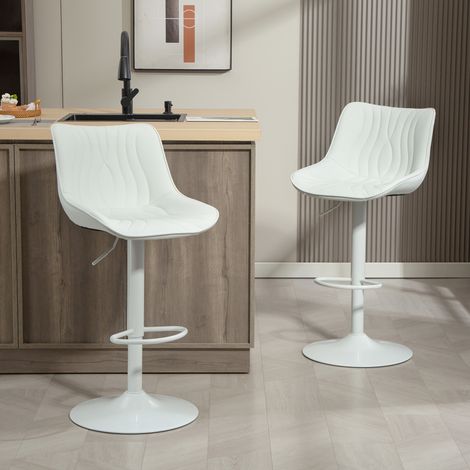 Ensemble de 2 tabourets de bar blancs, réglables en hauteur, avec dossier, assise en similicuir, structure en acier et repose-pieds. (1/5)