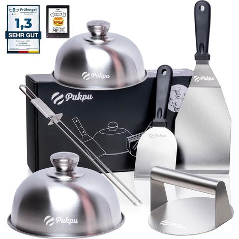 Kit Smash Burger 6 Pièces Noir - Presse Hamburger, 2 Spatules INOX, 2 Cloches Fromage et Brochette (1/5)