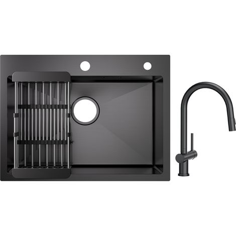 Cecipa 60×45×18 cm Lavello da Cucina Nero - Lavello a 1 Vasca con Cestello di Scarico + Miscelatore da Cucina con Doccetta Estraibile con 2 Tipi di Getto Nero (1/5)