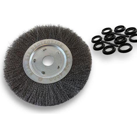Brosse circulaire ACIER Ø 250 mm Epaisseur 1 rang Fil dur 0.30 mm ondulé Alésage 32 mm + réducteur bague 25/22/20/16/12 mm Touret meuleuse affûteuse ponceuse Kibros 211251AT
