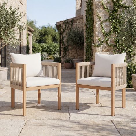 Wahson Lot de 2 Chaises de Jardin Exterieur avec Dossier en Corde Tressée, Fauteuils d'Extérieur avec Cadre en Métal, Chaise Exterieur pour Terrasse Cour Balcon, Beige (1/5)