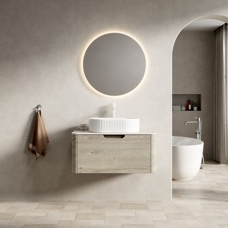Meuble vasque suspendu 80x46x50,2 cm pré-assemblé, travertin fritté, vasque ovale blanche, caisson chêne crème avec tiroir (1/5)