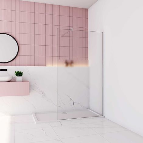 Paroi de douche à l'italienne 100x200cm en verre sécurité et bande central dépoli avec barre de fixation extensible (1/5)