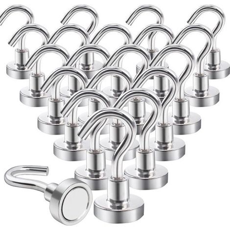 Extra starke Magnethaken, 10 kg, Neodym-Magnete mit Haken, 20er-Packung, reißfest, für Eisentüren, Kühlschränke, Küchen, Kleiderständer, Büros, Magnethaken, silber. (1/5)