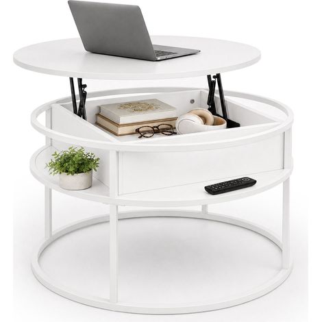 Lift-Top Coffee Table with Storage - White, MDF & Metal (1/5)