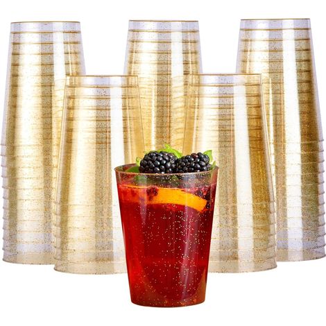 50 Gobelets, Plastique Dur, Paillettes Dorées, 285ml, Réutilisables, Fêtes (1/5)