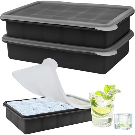 Juego de 2 bandejas de silicona negra para cubitos de hielo con tapas – 15 compartimentos para cócteles de ginebra, café helado y bolsas de hielo – Flexibles y duraderas
