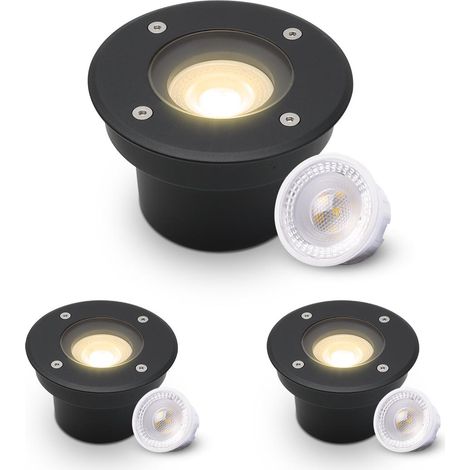 LED Bodeneinbaustrahler Schwarz FLACH rund 230V IP67 - Leuchtmittel: 5W 2700K DIMMBAR 60° - Anzahl: 3x (1/5)
