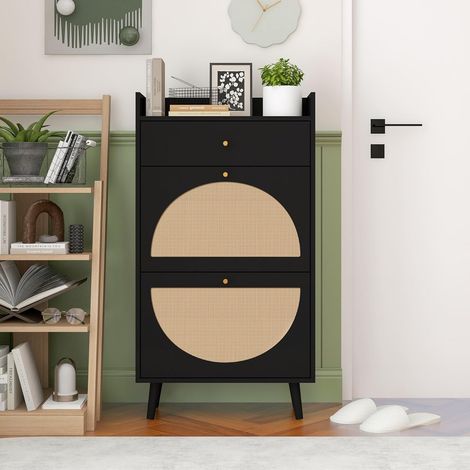 Meuble à Chaussures avec Deux Portes et Un tiroir, 60×24×110 cm, Portes Semi-circulaires interchangeables, en rotin Naturel, étagères Doubles, Noir