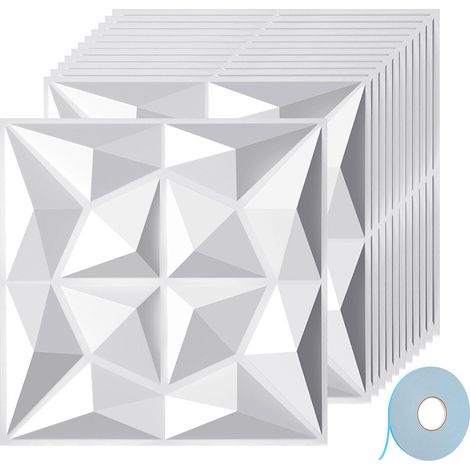 Pannello murale 3D da dipingere - confezione da 1,08 m² - lotto di 12 pezzi -  0,3x0,3 m - Bianco - Con nastro biadesivo