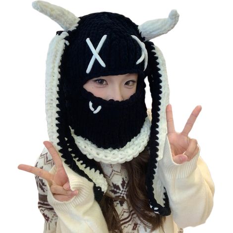 Gorro de felpa suave de punto sin ala - Negro y blanco