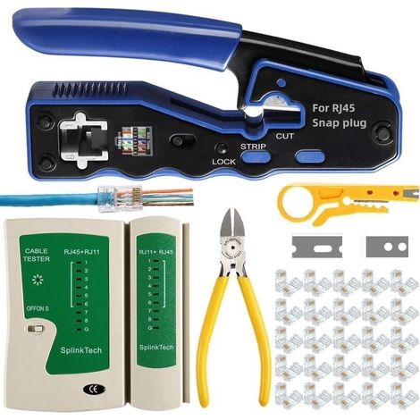 Pince à Sertir de Fil RJ45 Testeur de Network Réseau Câble Kits avec 56 Pièces Ensemble d'Outils de Connecteurs en Cristal, Dénudeur de détecteur de données (1/4)