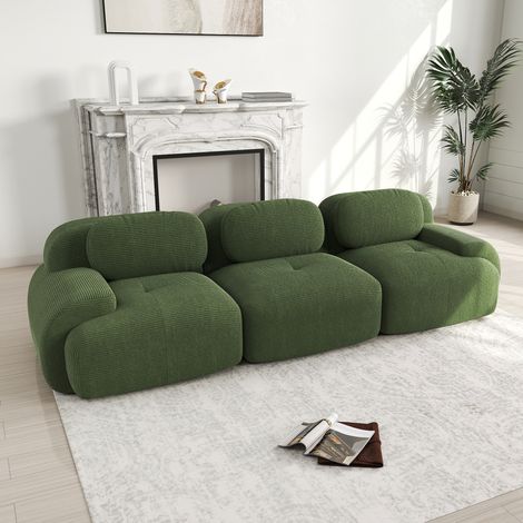 Divano Modulare Componibile, 3 Posti Imbottitura ad Alta Elasticità, Fondo Antiscivolo, Pana Verde, per Soggiorno