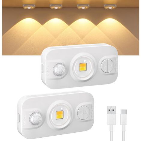 Lot de 2 mini lampes LED sous meuble de cuisine avec détecteur de mouvement, USB-C rechargeable, lumière LED blanc chaud, intensité variable, sans fil, veilleuse pour armoire, éclairage (1/5)