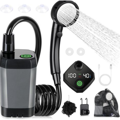 Kit de ducha para camping, ducha portátil, bomba de ducha eléctrica recargable, impermeable, con pantalla inteligente y cabezal de ducha de 3 modos para exteriores, camping y senderismo.