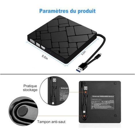 Lecteur Graveur Externe CD DVD - USB 3.0 et Type-C - Compatible Windows Mac Linux - Vitesse Lecture DVD 8X CD 24X - 1 Pièce (1/4)