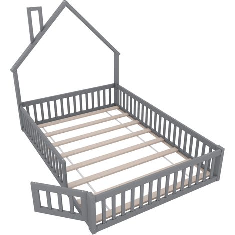 Letto per bambini 140 x 200 cm in pino e MDF con sponde, forma camino, grigio, MODENUIT (1/5)