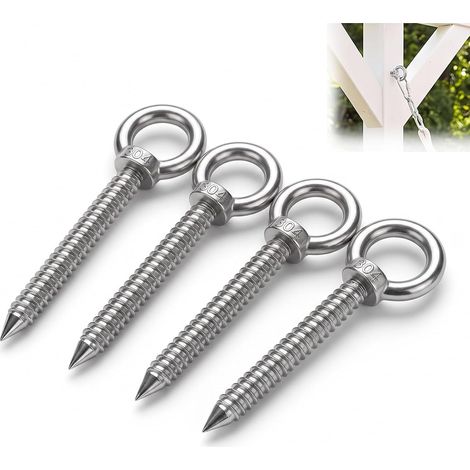 Piton à Visser Crochet a Visser 4Pcs Anneau de Levage M8 x 80cm, Crochet Vis Robuste en Acier Inoxydable 304 pour Suspension Hamac, Chaise Suspendue, Balançoire, Corde à Linge et Support de Charge (1/5)