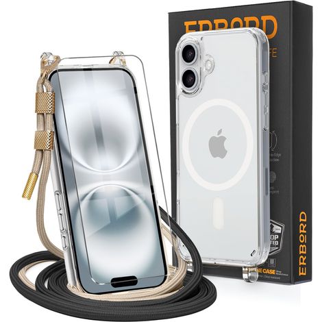 Hülle mit Trageschlaufe für iPhone 16, mit MagSafe-Anschluss, transparent + Displayschutzfolie aus Glas (1/5)