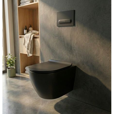 Ceramia PixL WC Hängetoilette ohne Spülrand Tornado Quiet mit unsichtbaren Befestigungen + SoftClose-Sitz, Schwarz (CEPX010RTORPBKM)