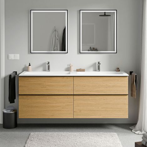 BERNSTEIN - Mobile lavabo sospeso MDF rovere miele, lavello Ghisa bianco opaco + foro rubinetto, maniglia cromata - 160x46x62cm - LAVOA	cromo, Rovere Miele Oro, Bianco opaco con foro rubinetto