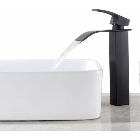YMYNY Schwarzer Wasserfall-Waschtischhahn, Hoher Waschtisch-Mischbatterie für Badezimmer, Großer Quadratischer Auslaufhahn aus Messing, Warm- und Kaltwasser verfügbar, Auslaufhöhe (1/3)