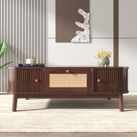 Tavolino da Salotto in Rattan 110x55x38,5 cm con Ante in Legno Massello, Design Naturale e vano di Rilegno Elegante, Colore Noce (1/5)
