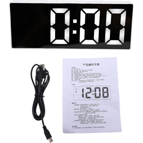 Reloj despertador digital con espejo LED, pantalla de 6,25 pulgadas, batería de respaldo, brillo ajustable, doble alarma, función de repetición, marco blanco, retroiluminación blanca. Ideal para el do (1/5)
