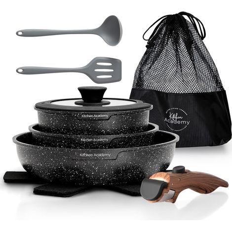 10 PCS Batterie Cuisine Induction avec Poignée Amovible Batterie de Cuisine Tout-Feux, Revêtement Antiadhésif en Granit Empilable Convient aux Camping-Cars et au Camping (1/5)