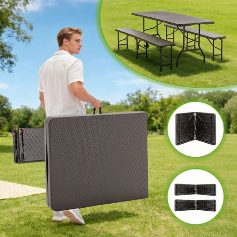 Table de pique-nique pliante 180 cm avec 2 bancs, ensemble camping 3 pièces, plateau HDPE motif bois, verrouillage de sécurité, résistant UV et eau, marron (1/5)