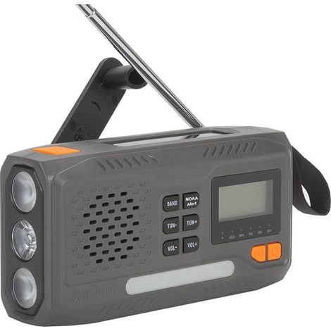 Radio di sopravvivenza, radio solare portatile con batteria ricaricabile da 4500 mAh, radio AM/FM con manovella, display, kit di emergenza con lampada, allarme SOS e segnale di soccorso. (1/4)