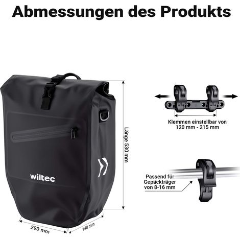 Wiltec Gepäckträgertasche schwarz, Fahrradtasche Gepäckträger 20 l Stauraum, Gepäcktasche mit Tragegurt, Fahrrad Tasche wasserresistent Reflektoren