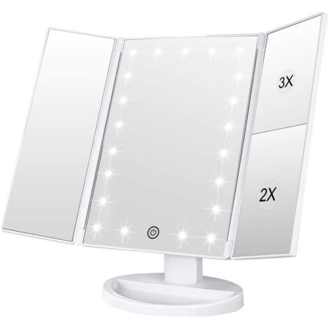 Miroir de Maquillage, 1x / 2X / 3X Miroir de Maquillage à Trois Volets avec 21 lumières LED et Miroir réglable à écran Tactile Miroirs de comptoir cosmétiques (Blanc)