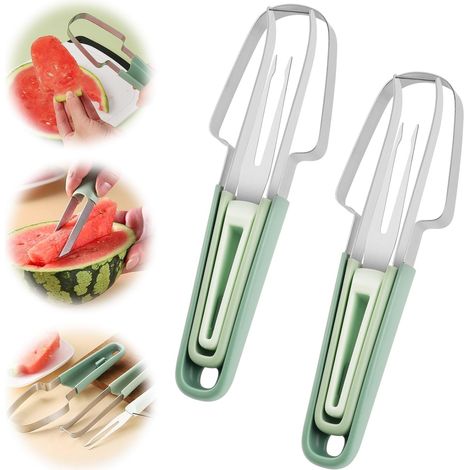 pezzi Tagliafrutta 3 in 1 in acciaio inossidabile Tagliafrutta Tagliamele Tagliaananas per casa Cucina Campeggio Strumento cucchiaio melone Tagliaanguria per anguria papaya pitaya, verde (1/5)