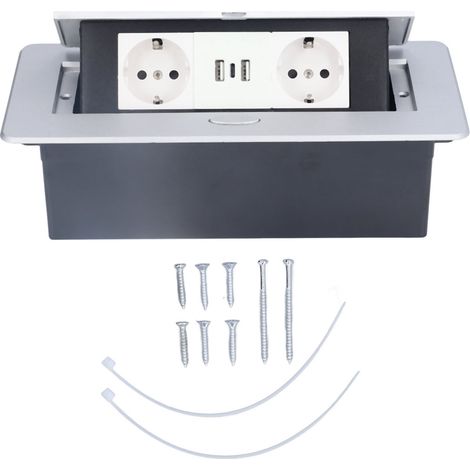 Prise électrique encastrable escamotable avec double USB et Type‑C, standard européen, pour sol ou plan de travail, noire. (1/5)