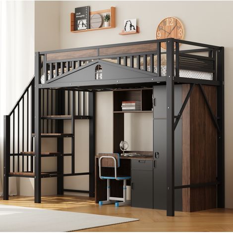 Letto a soppalco moderno 90x200 cm in metallo e legno nero, con scala di sicurezza contenitore e barriera con finestra (1/5)