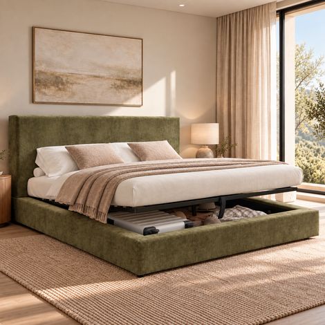 Lit coffre rembourré 160 x 200 cm avec rangement hydraulique, tête de lit 12 cm et cadre anti-glisse, en chenille vert olive, sans matelas (1/5)
