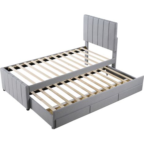 Cama tapizada 90 x 200 cm con cama nido y 3 cajones, gris (1/5)