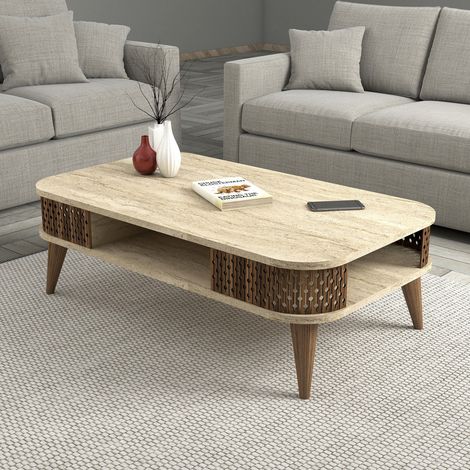 Couchtisch Medizin, ein Fach, mit Beinen, rechteckig, 105x60x35 cm hoch, Beige Marmor (1/5)