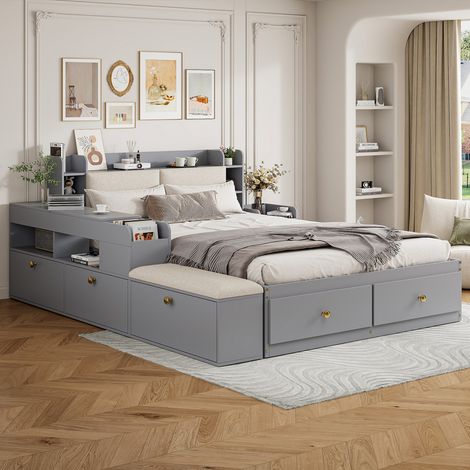 Lit double combiné 140x200 bois massif gris, tête de lit rangement, tiroirs, table de chevet, placard et banquette inclus (sans Matelas) (1/5)
