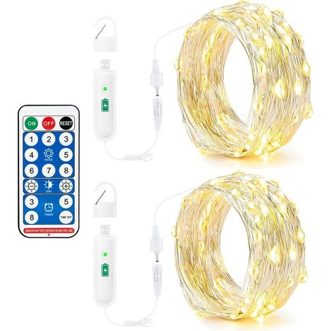 Stringa di luce a batteria ricaricabile, 10 m, 100 LED con telecomando, 8 modi, timer, interfaccia USB per la ricarica, stringa di luce per interni ed esterni decorazioni di Natale (1/5)