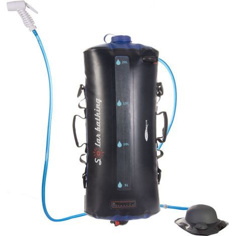 Ducha solar portátil de 20 litros con manguera desmontable, bomba de presión, indicador de temperatura y mochila plegable ligera. (1/5)