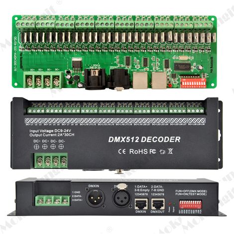 Décodeur DMX512, 30 canaux, contrôleur LED 30CH, connexion console/ordinateur DMX 9-24V.