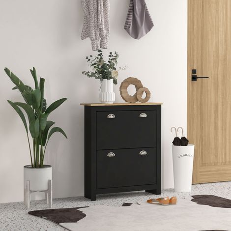 Rangement Armoire à chaussures 2 portes abattantes compartiments poignées coquilles métal 79 x 23 x 90,5 cm chêne - noir