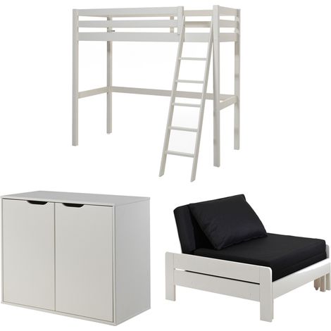 Lit Mezzanine 90x200 Sommier Inclus - Commode 2 portes et Fauteuil Vipack Pino - Blanc (1/4)