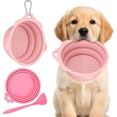 Zusammenklappbarer Silikon-Hundenapf mit Dosendeckel und Löffel, rosa