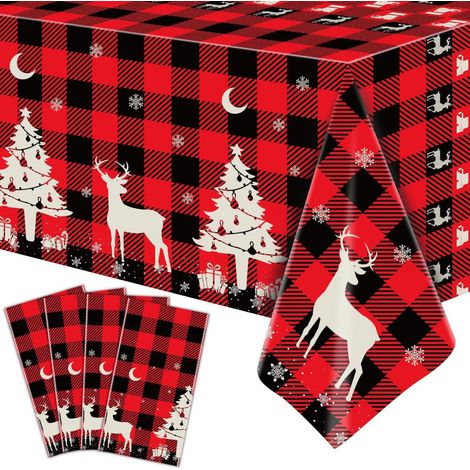 Lot de 4 sets de table de Noël 130x220cm Carreaux Rouge Noir avec renne et sapin